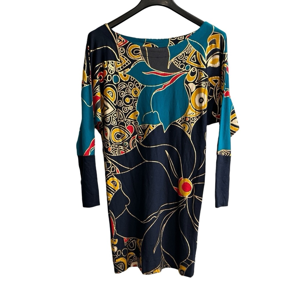 French Connection Dress Womens L Blue Metallic Shift Abstract‎ Artsy Indie Party